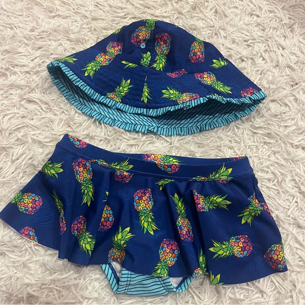 UV Skinz UPF 50+ Girls 2 Piece Swim Set Hat and bikini bottoms skirt Size 7